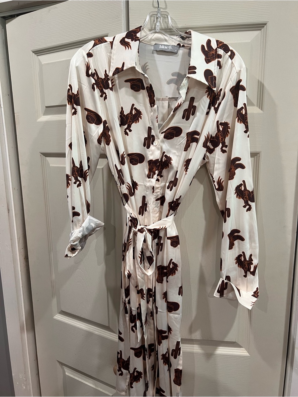 Blue Life Cream Long-Sleeve Western Print Shirt Dress